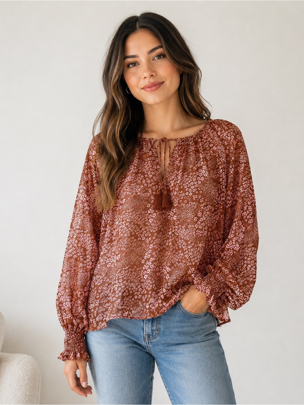 Aakaa Rust Floral Tie-Neck Blouse with Tassels